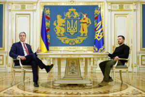 Ukraine's President Zelenskiy and U.S. Secretary of the Treasury Bessent attend a meeting in Kyiv